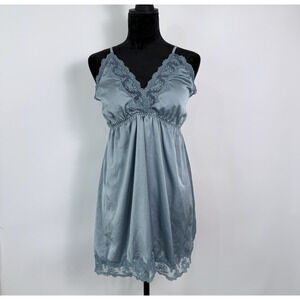 Satin Babydoll Long Cami Mini Slip Dress‎ Womens Size L Dusty Blue Coquette